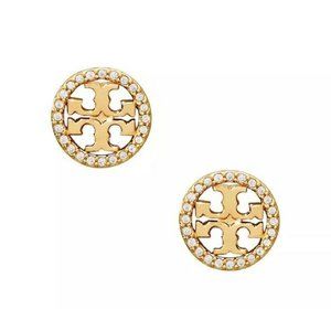 Tory Burch Gold Stud Crystal Circle Logo Earrings